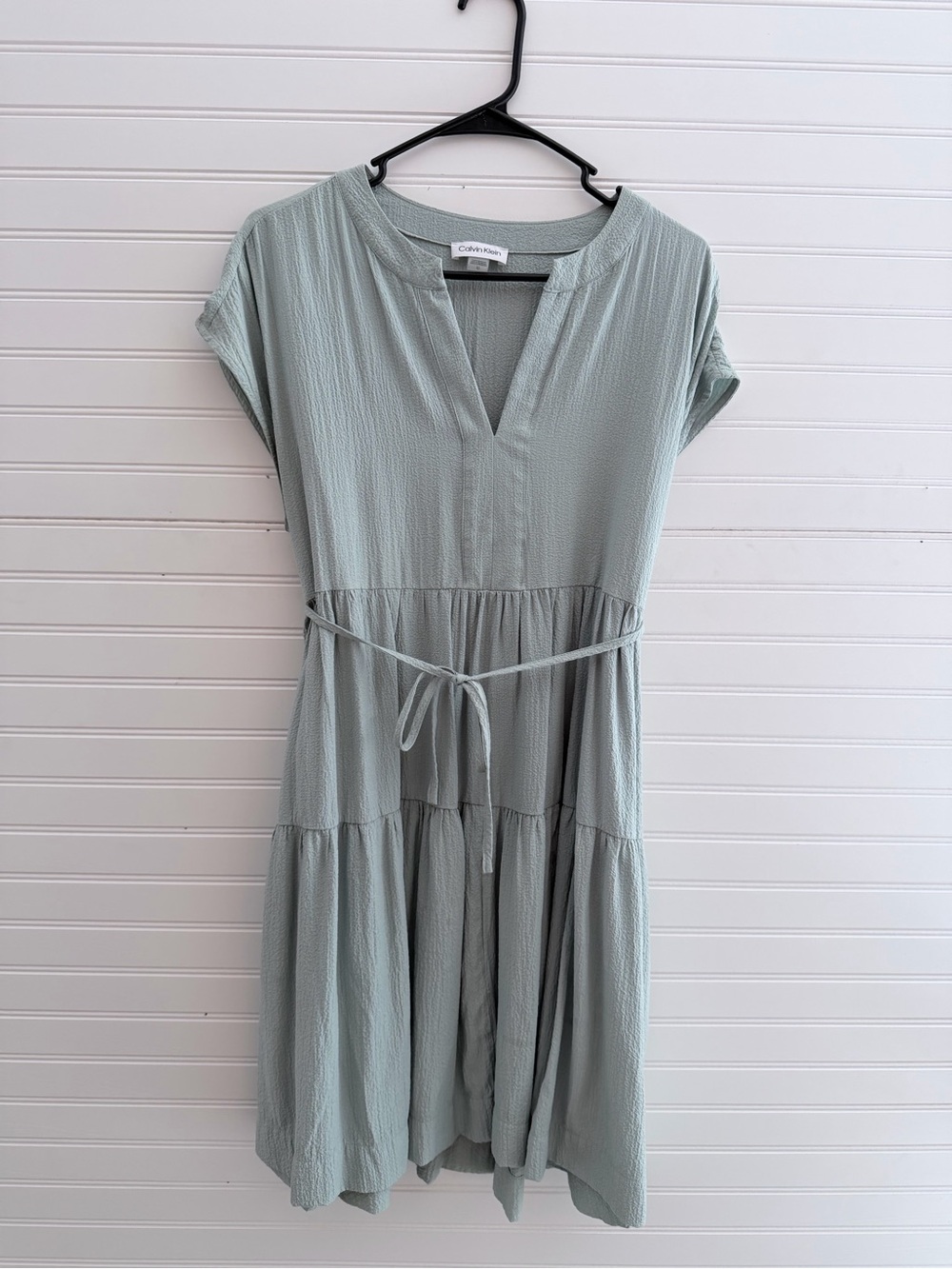 Calvin Klein Sage Green Tiered Belted Dress with pockets